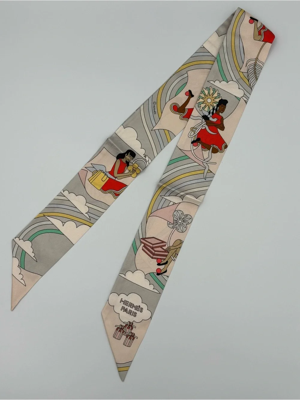 Hermes Carres Volants Twilly Scarf Gris Perle Rose Pale Pierre Marie - Picture 1 of 4